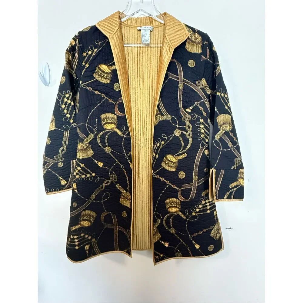 Patty Kim Quilted Preppy Jacket Chain Ribbon Artsy Print XS Duster Cotton Silk G